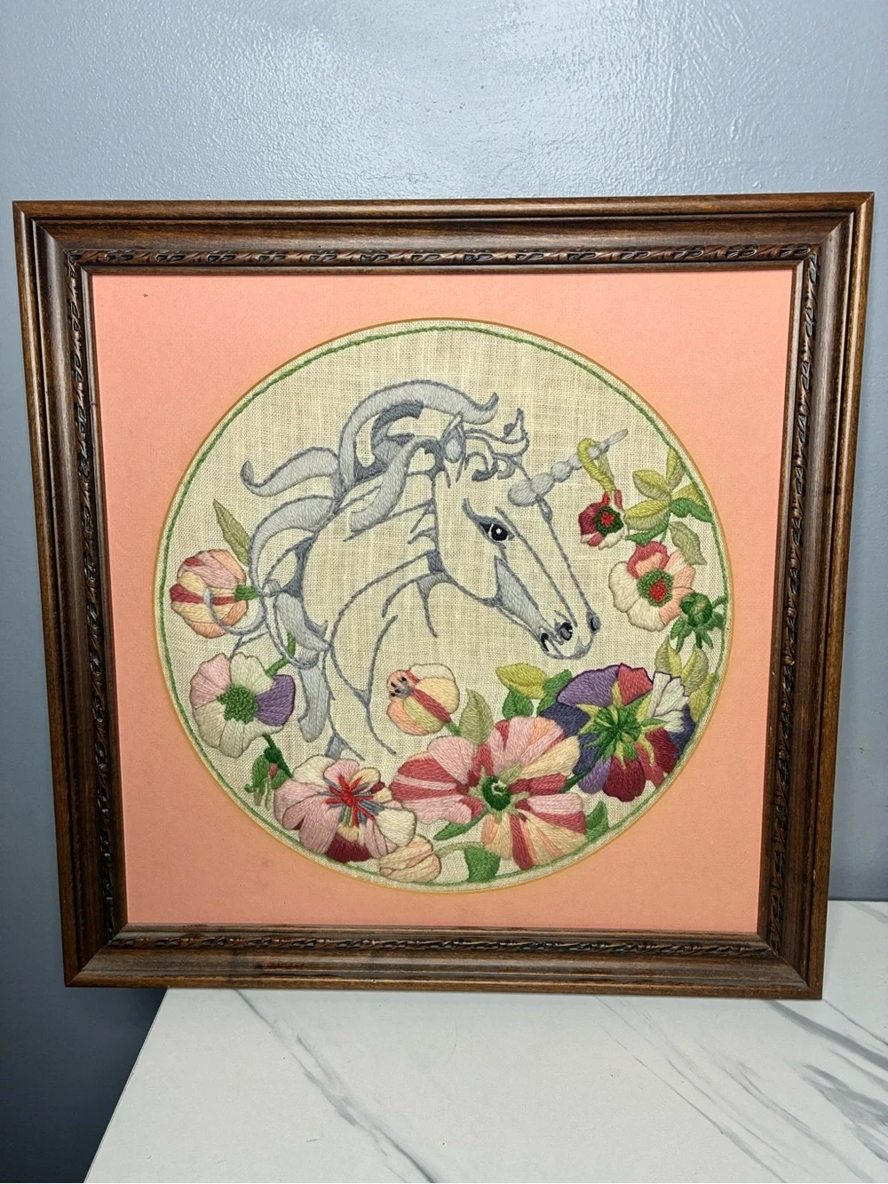 Vintage Unicorn Crewel Embroidery Floral Fiber Art Framed Wall Decor